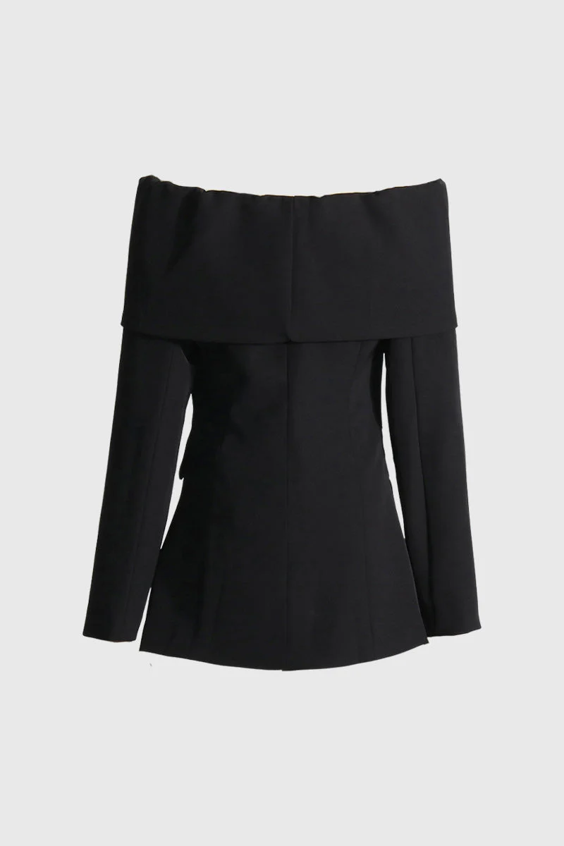 Off Shoulders Blazer with Front Cut - Black - Image 2