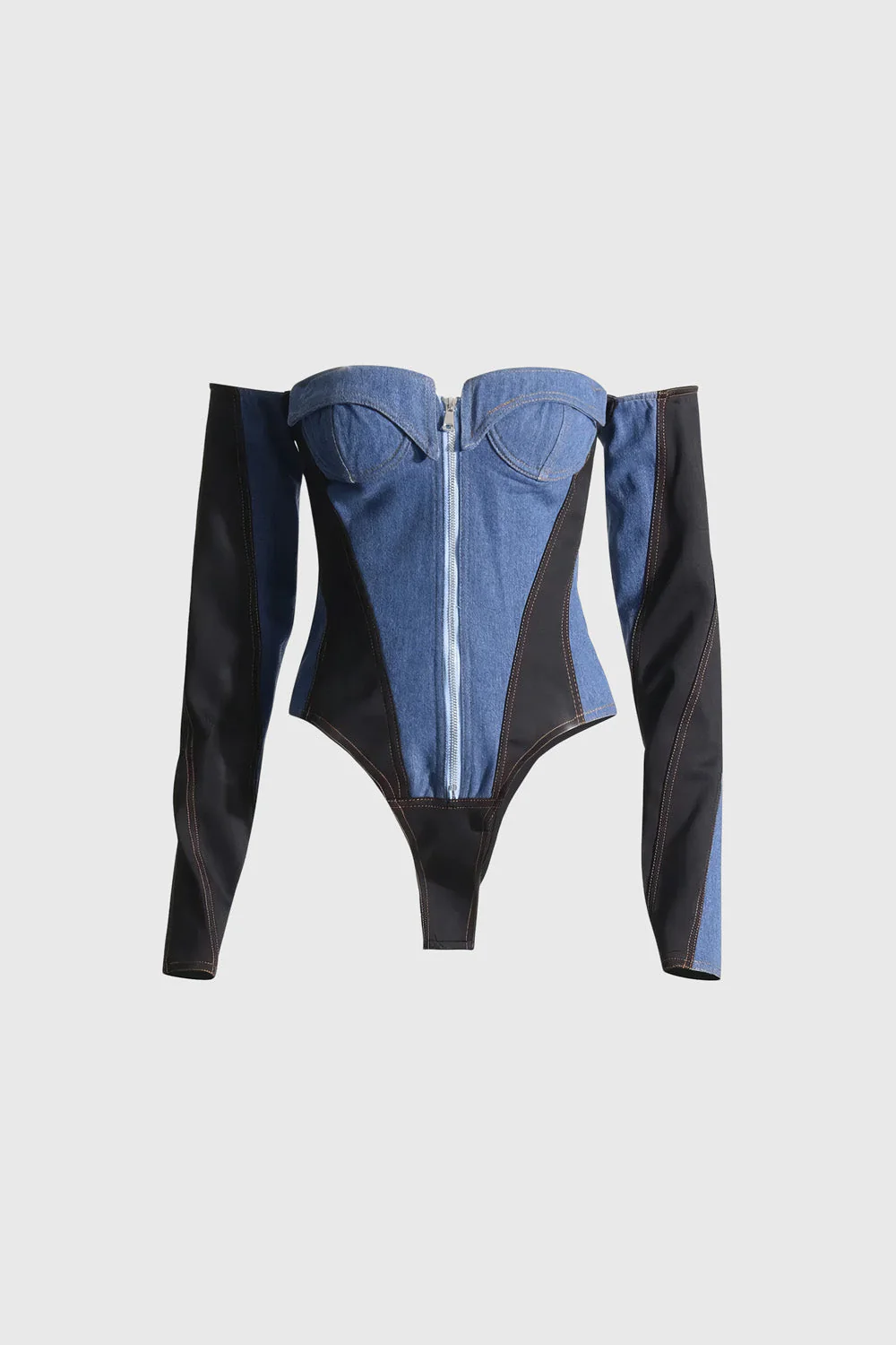 Off Shoulders Denim Bodysuit - Blue - Image 2