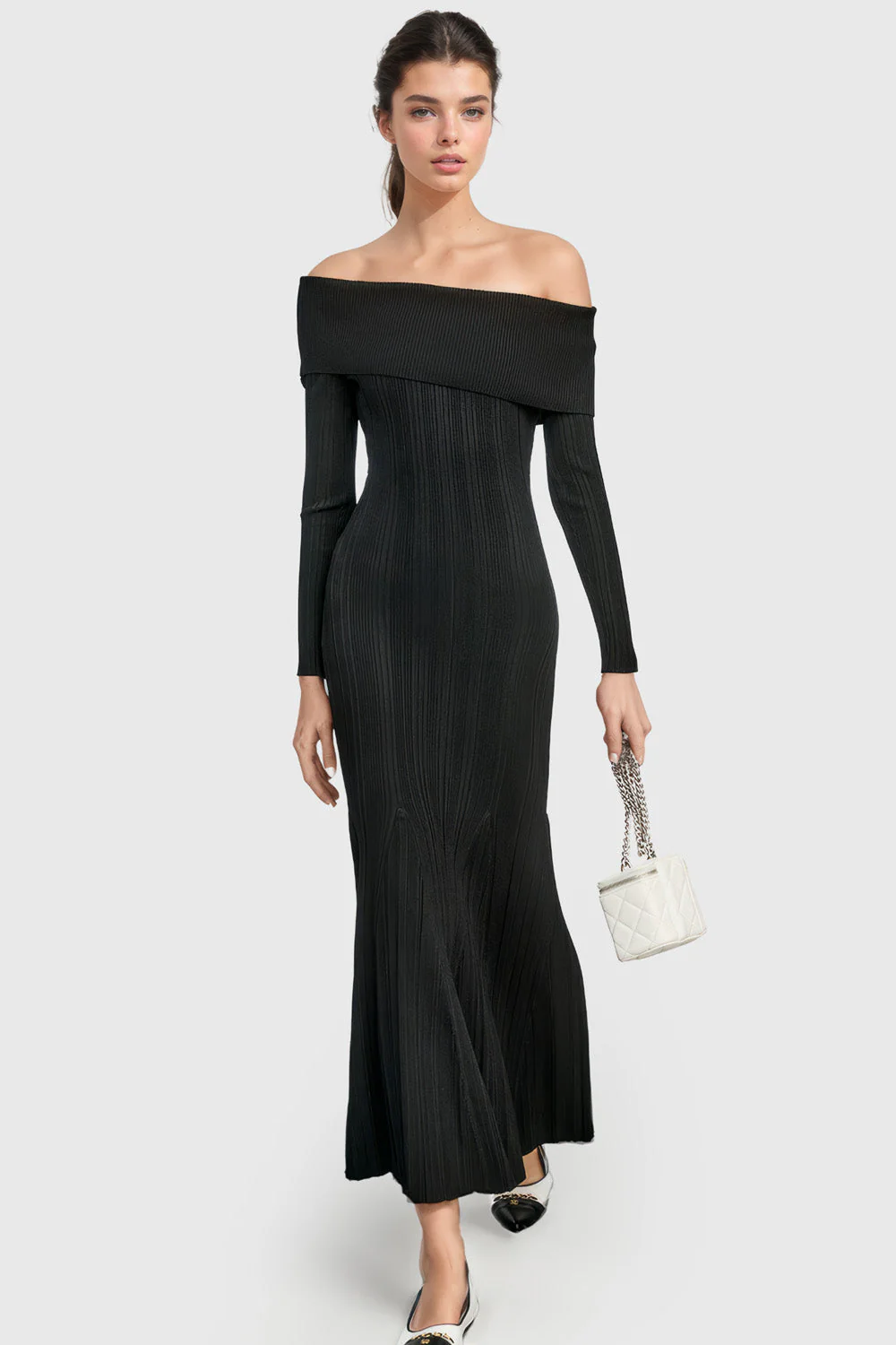 Off Shoulders Knitted Maxi Dress - Black - Image 2