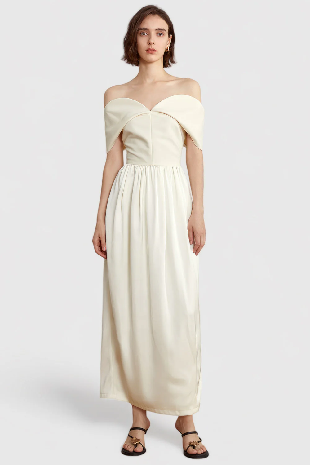Off Shoulders Midi Dress with Sweetheart Neckline - Beige - Image 4