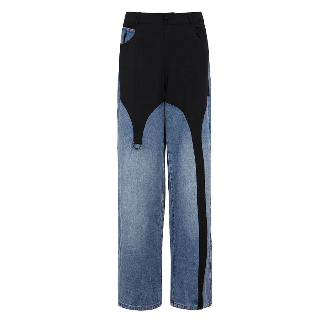 Offbeat Contrast Distressed Mid Waist Wide Leg Garter Hybrid Denim Jeans - Image 2