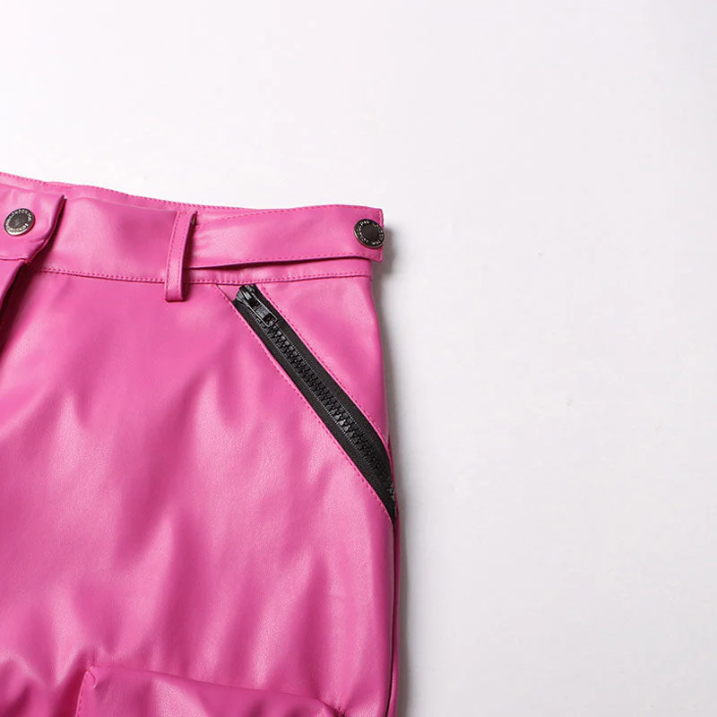 Offbeat High Waist Contrast Zip Trim Cargo Pocket Wide Leg Vegan Leather Pants - Image 4
