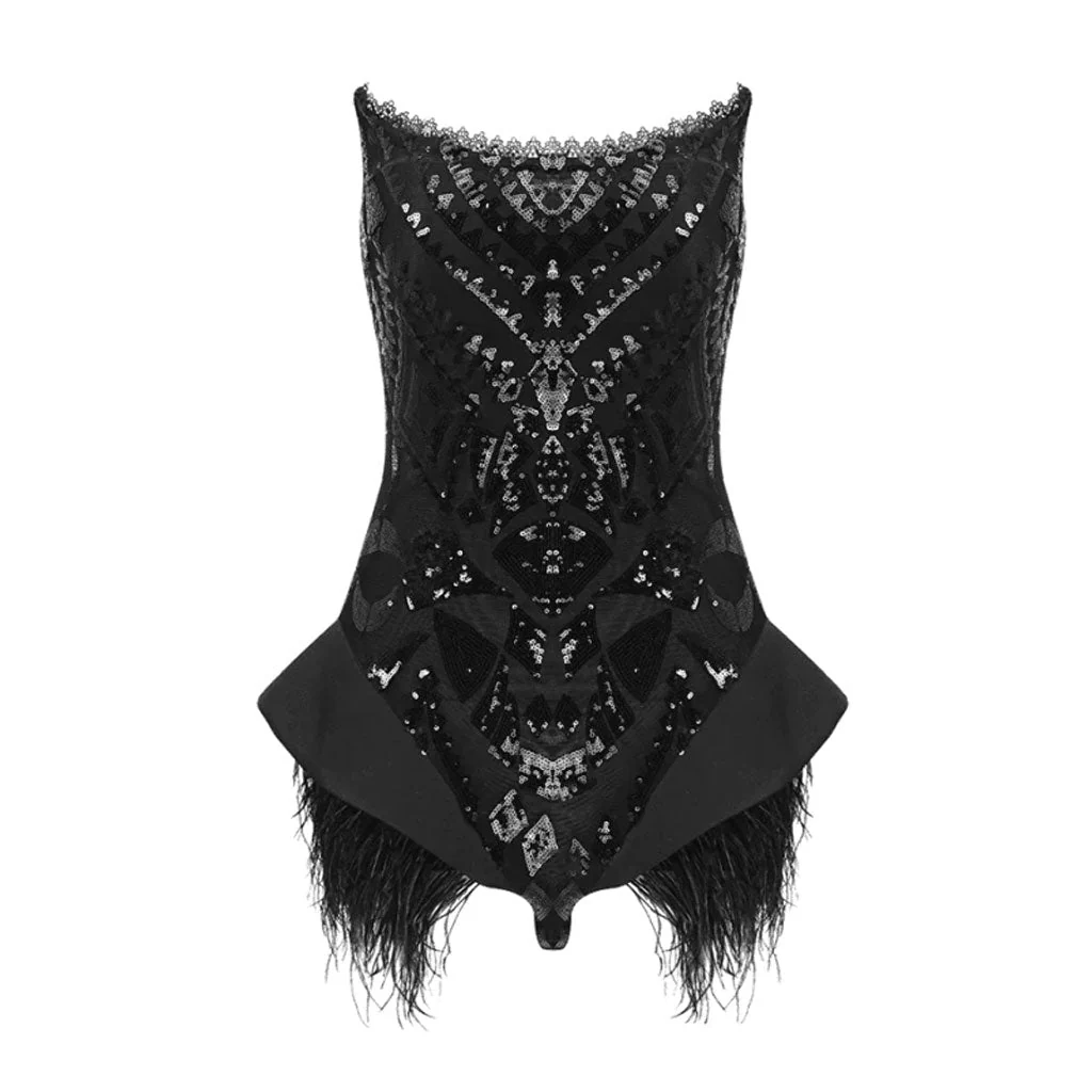 Old Hollywood Scoop Neck Ruffle Faux Feather Sequin Lace Party Tube Bodysuit - Image 7