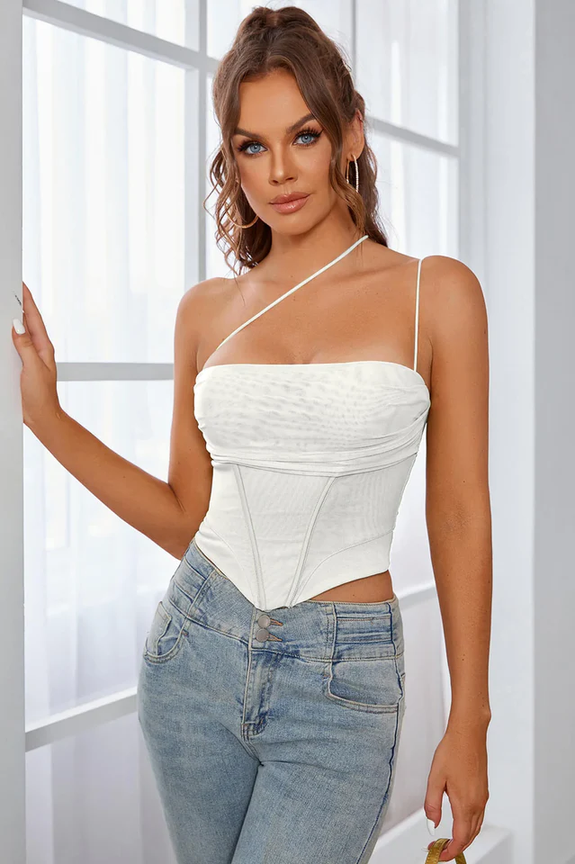 One Shoulder Asymmetrical Hem Mesh Top - Image 6
