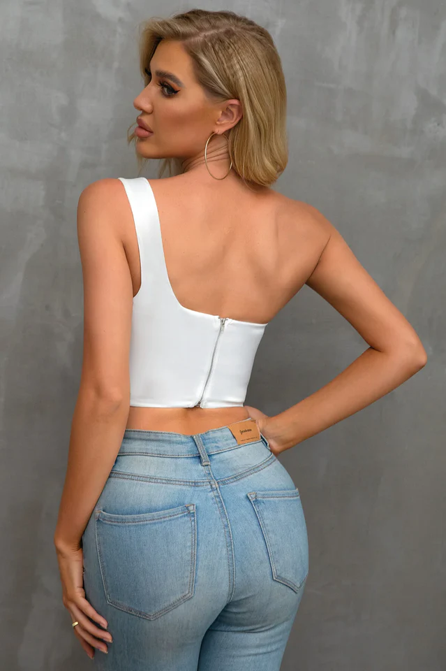 One Shoulder Hanky Hem Satin Top - Image 2