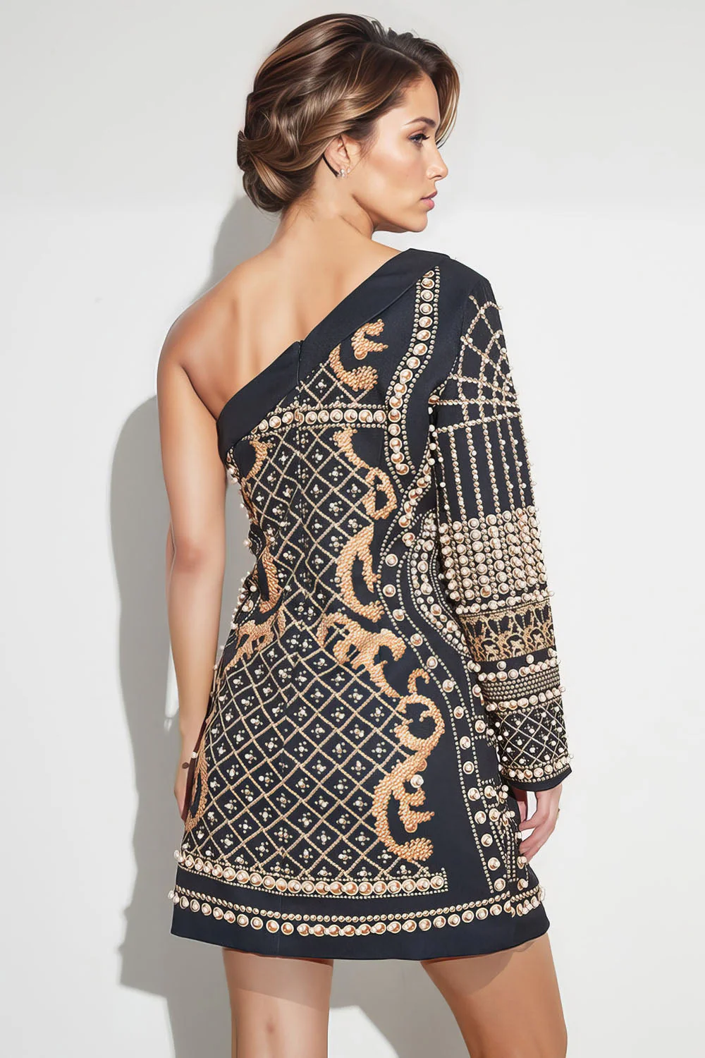 One Shoulder Patterned Dress - Black - Image 2