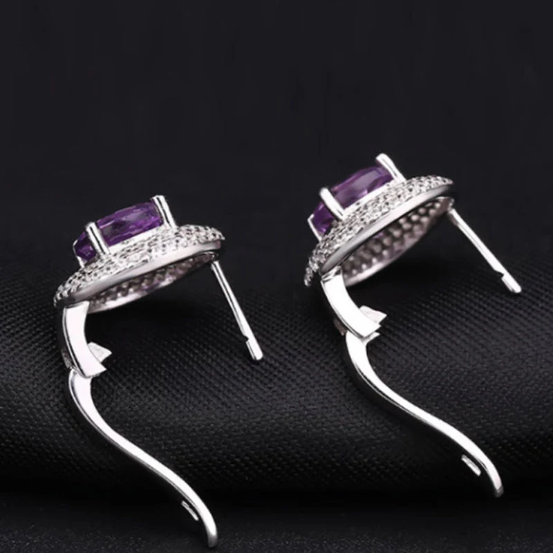 Opulent Amethyst Halo Clear Cubic Zirconia Cluster Stud Earrings - Image 4