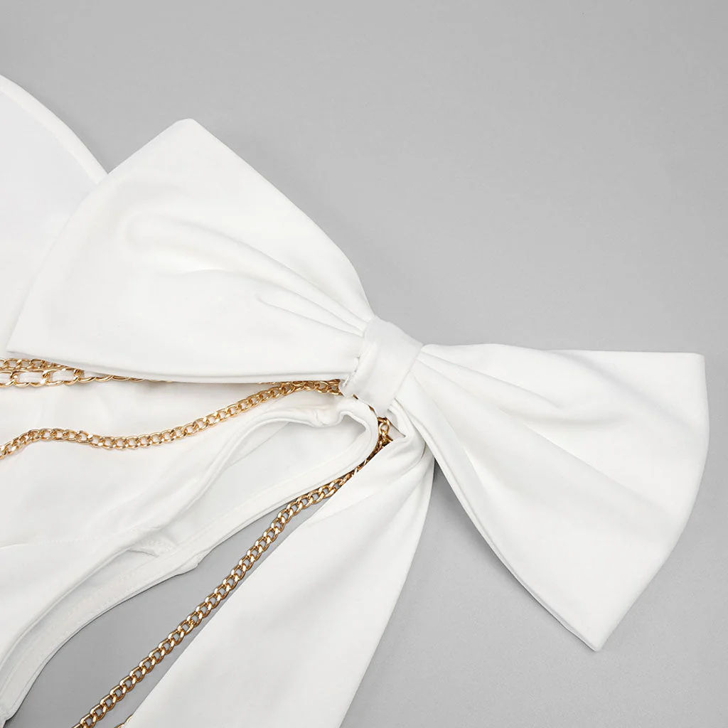 Opulent Big Bow One Shoulder Metallic Chain Fishtail Maxi Evening Dress - Image 6