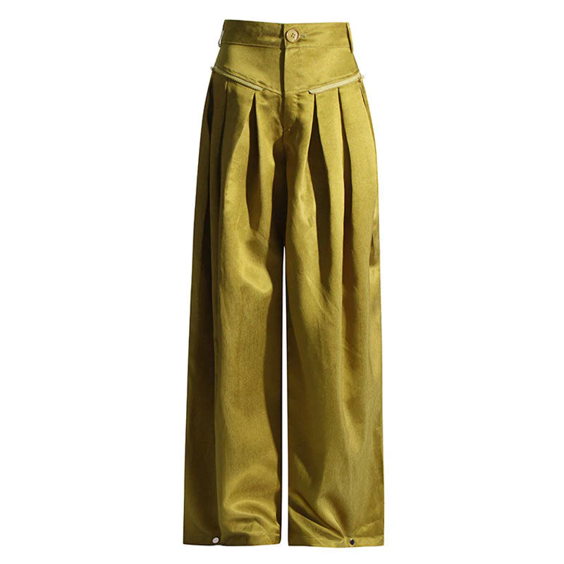 Opulent Brushed Effect High Waist Zipper Pocket Pleated Wide Leg Cargo Pants - Image 2