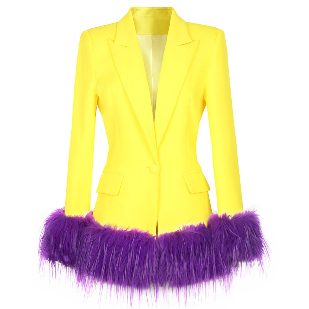 Opulent Contrast Faux Fur Long Sleeve Peak Lapel Single Breasted Tailored Blazer - Image 2