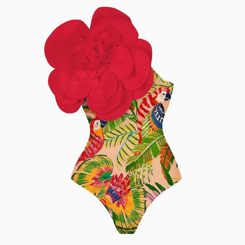 Opulent Contrast Rosette Applique One Shoulder Moderate One Piece Swimsuit - Image 5