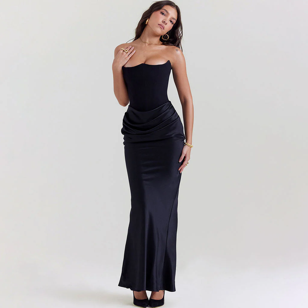 Opulent Crepe Strapless Corset Draped Silky Satin Fishtail Maxi Evening Dress - Image 2
