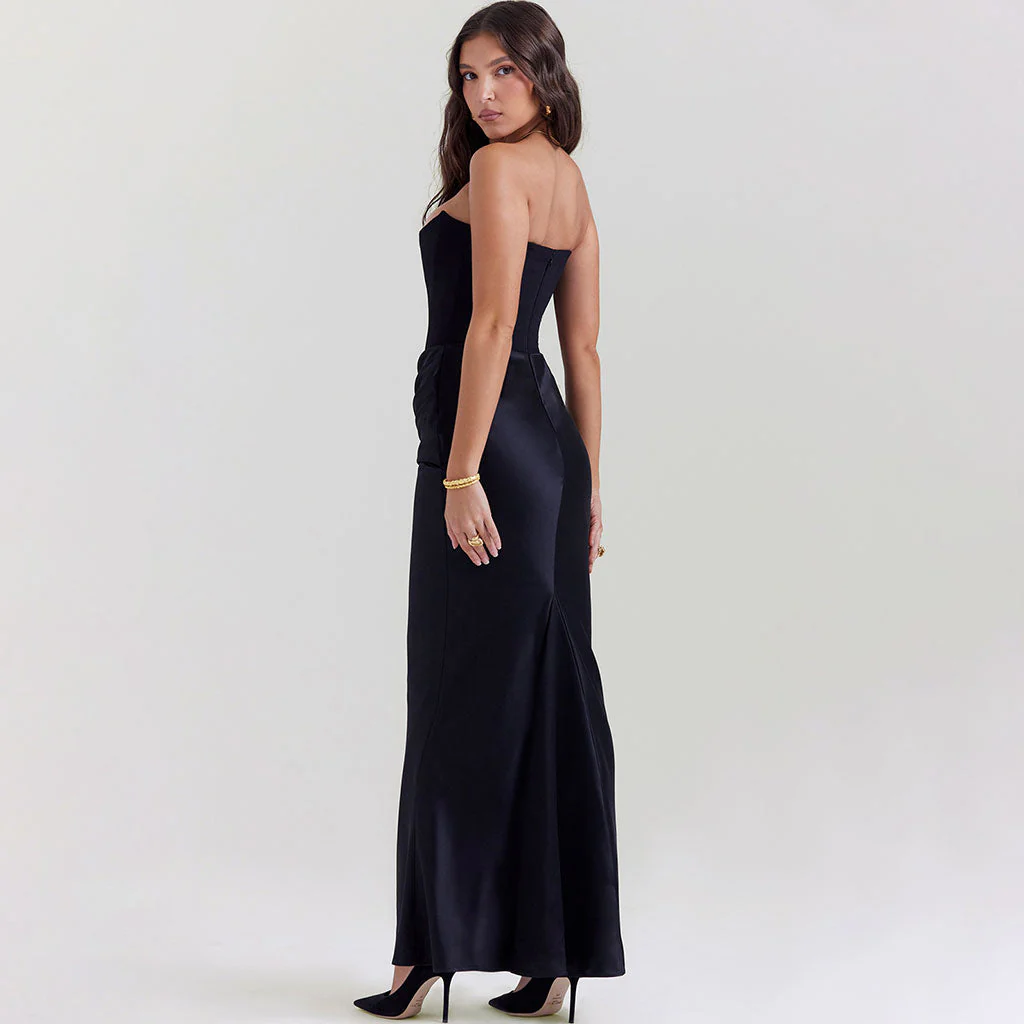 Opulent Crepe Strapless Corset Draped Silky Satin Fishtail Maxi Evening Dress - Image 4