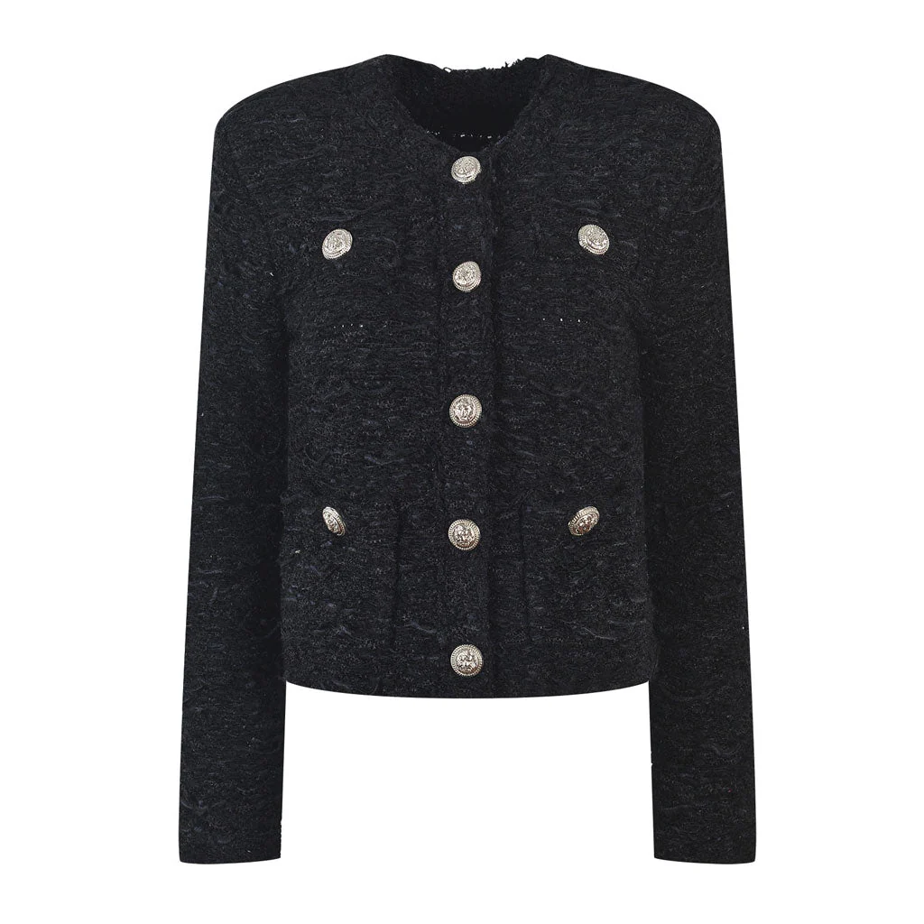 Opulent Crew Neck Button Up Padded Long Sleeve Textured Wool Knit Cardigan