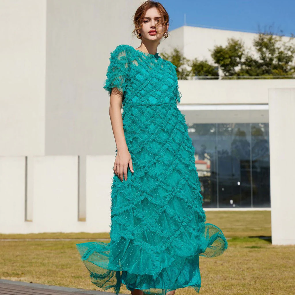 Opulent Crew Neck Sheer Sleeve High Waist A Line Dotted Tulle Ruffle Maxi Dress - Image 2
