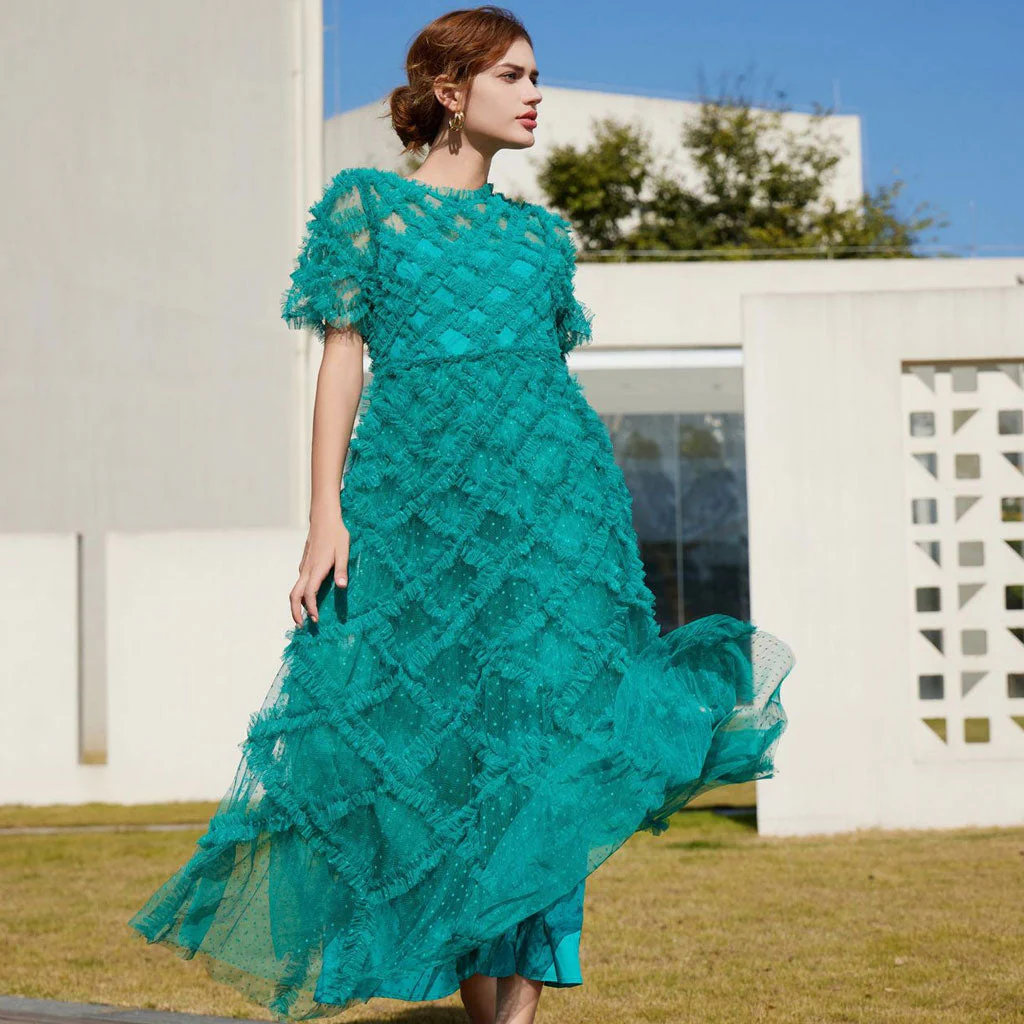 Opulent Crew Neck Sheer Sleeve High Waist A Line Dotted Tulle Ruffle Maxi Dress - Image 3