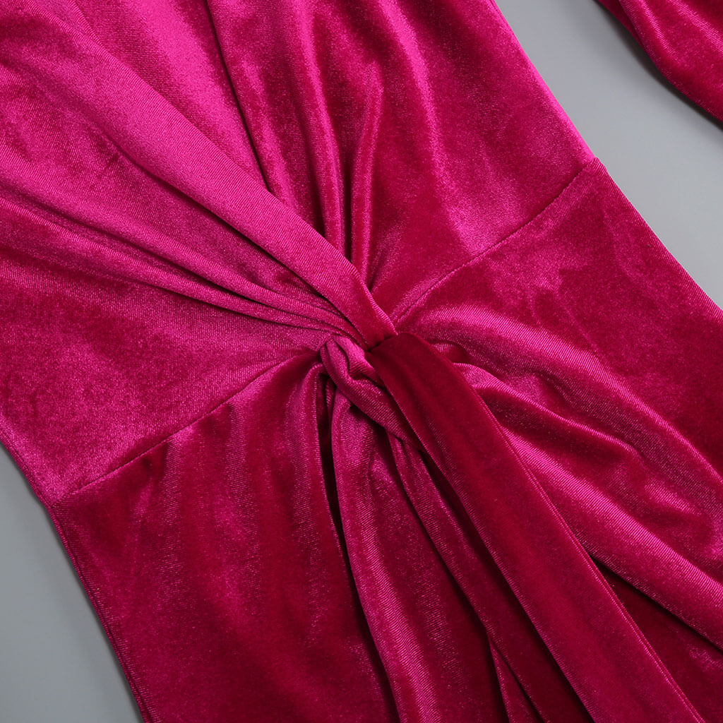 Opulent Crew Neck Shoulder Pad Long Sleeve Split Front Draped Velvet Maxi Evening Dress - Image 3