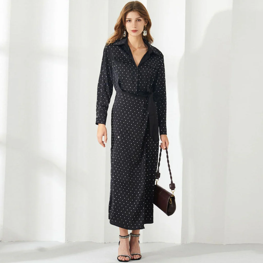Opulent Crystal Dotted Half Button Bow Tie Long Sleeve Chiffon Midi Shirt Dress - Image 2