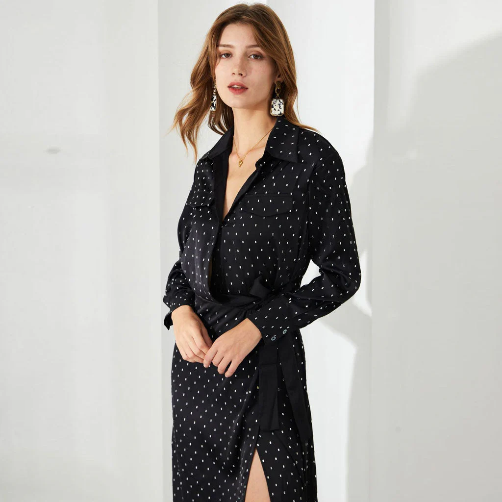 Opulent Crystal Dotted Half Button Bow Tie Long Sleeve Chiffon Midi Shirt Dress - Image 3