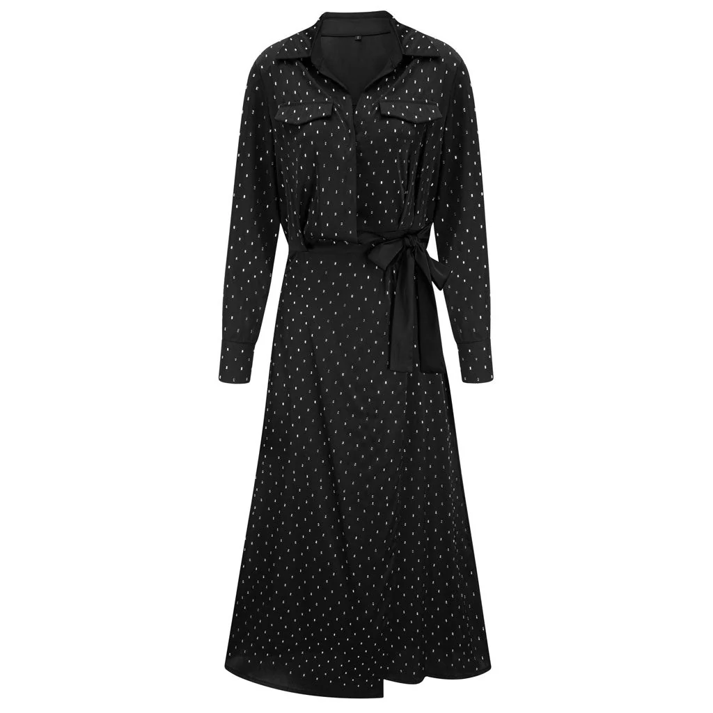 Opulent Crystal Dotted Half Button Bow Tie Long Sleeve Chiffon Midi Shirt Dress - Image 4