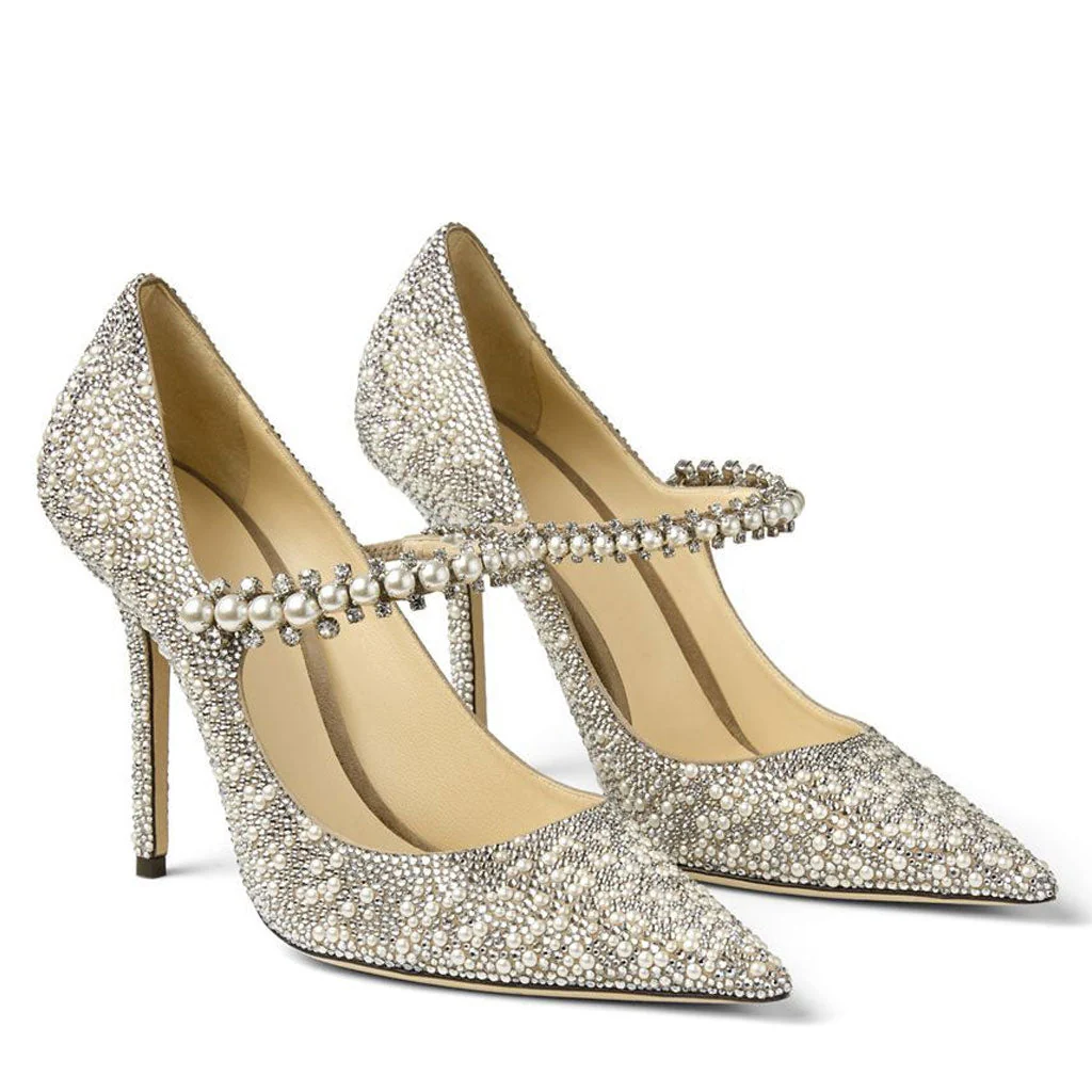 Opulent Crystal Pearl Embellished Stiletto Mary Jane Pumps - Grey - Image 5