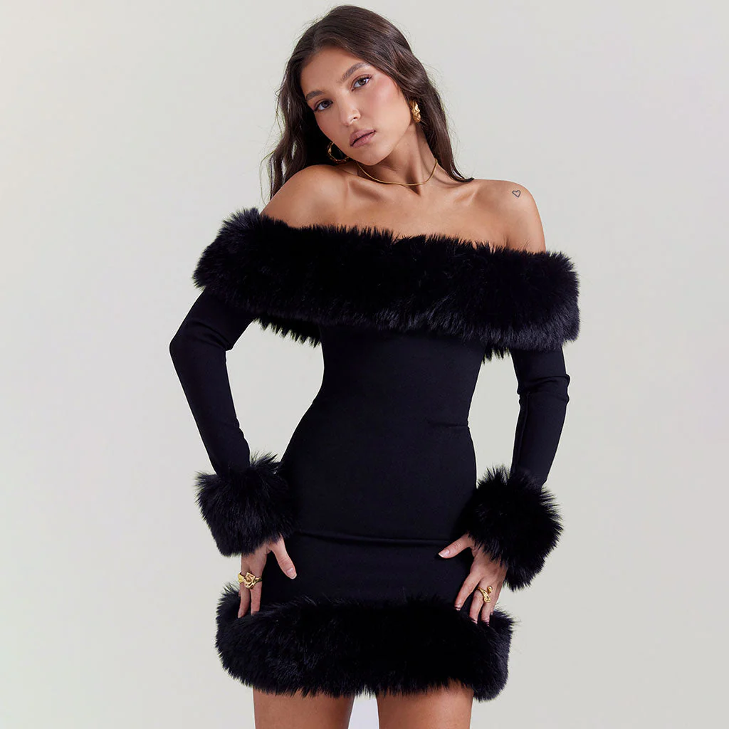 Opulent Faux Fur Trim Off The Shoulder Long Sleeve Mini Bodycon Party Dress - Image 2