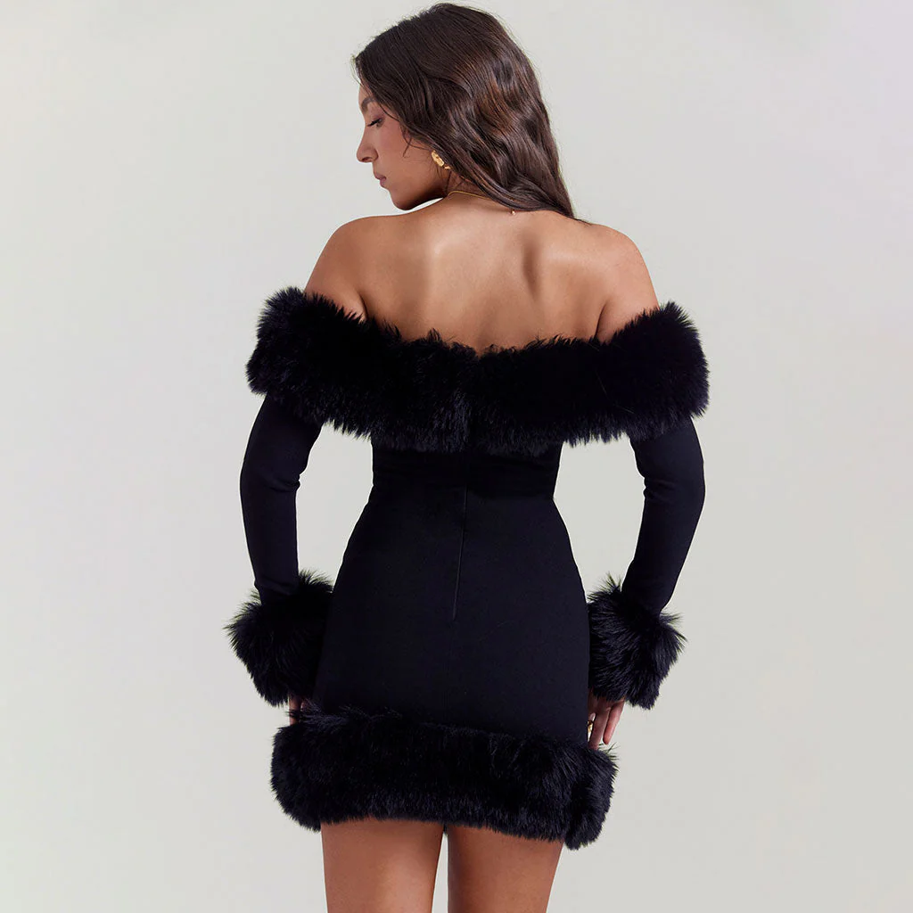 Opulent Faux Fur Trim Off The Shoulder Long Sleeve Mini Bodycon Party Dress - Image 4