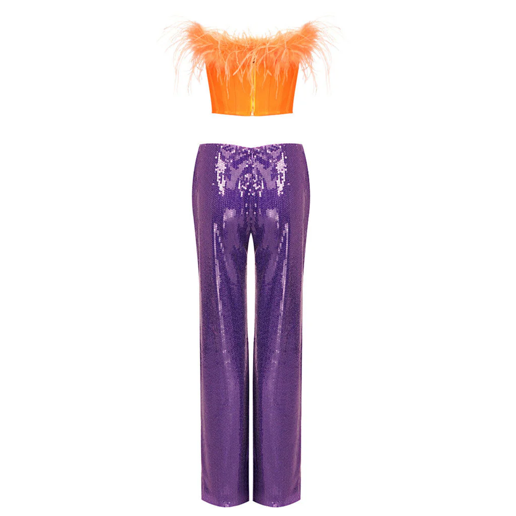 Opulent Feather Trim Corset Mid Rise Straight Leg Sequin Pants Matching Set - Image 3