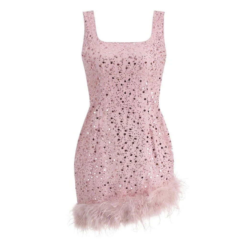 Opulent Feather Trim Faux Pearl Beaded Sequin Square Neck Mini Tank Party Dress - Image 3
