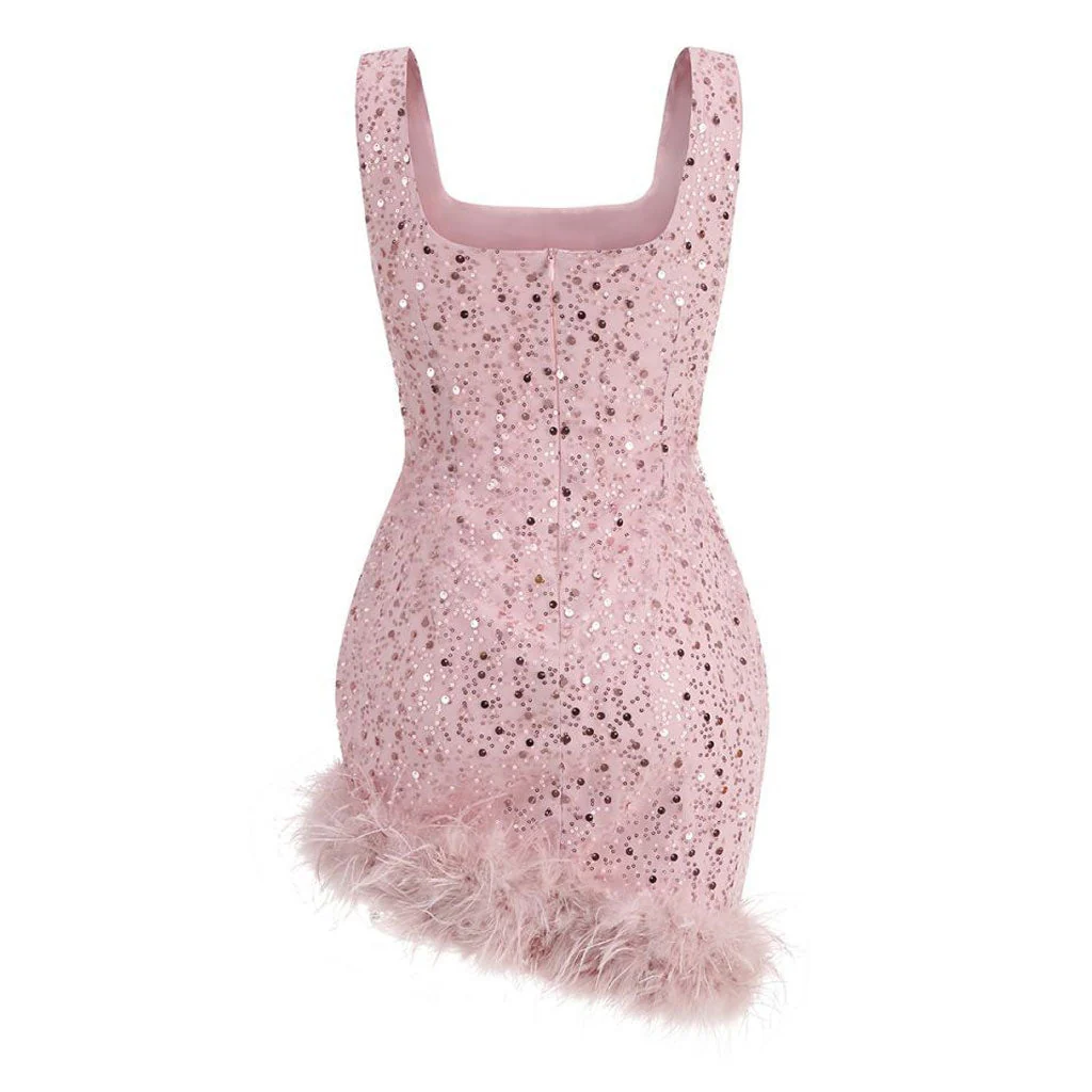 Opulent Feather Trim Faux Pearl Beaded Sequin Square Neck Mini Tank Party Dress - Image 4