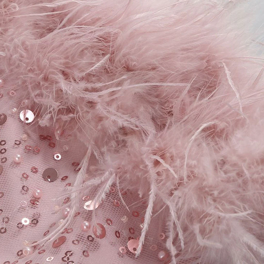 Opulent Feather Trim Faux Pearl Beaded Sequin Square Neck Mini Tank Party Dress - Image 5