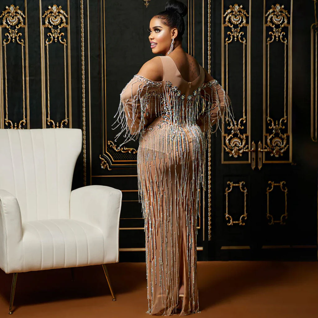 Opulent Gatsby Cold Shoulder Diamante Layered Fringe Sheer Mesh Maxi Evening Dress - Image 2