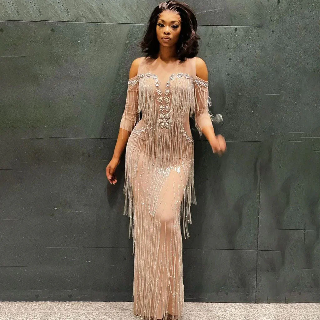 Opulent Gatsby Cold Shoulder Diamante Layered Fringe Sheer Mesh Maxi Evening Dress - Image 3