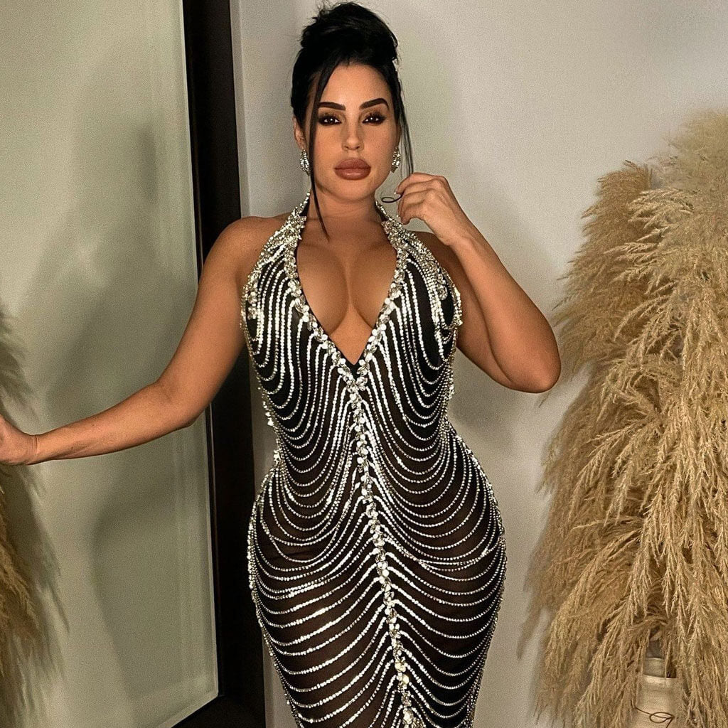 Opulent Gatsby Plunge Halter Backless Crystal Chain Midi Sheer Mesh Cocktail Dress - Image 3