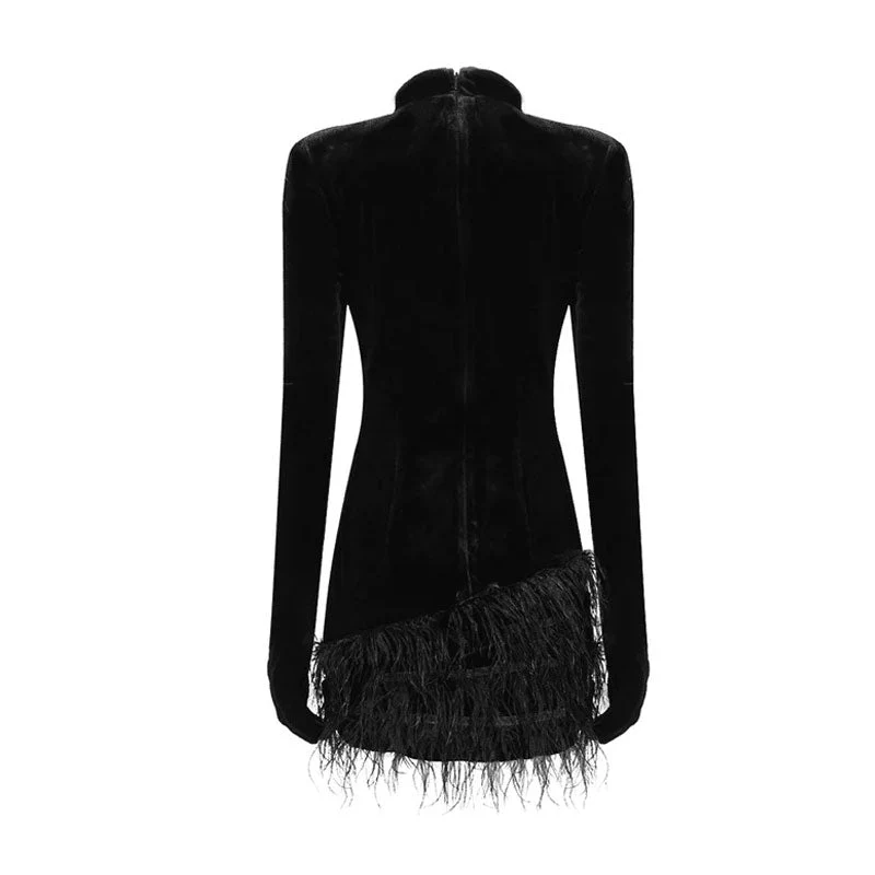 Opulent High Neck Glove Sleeve Crystal Detail Velvet Feather Mini Dress - Image 8