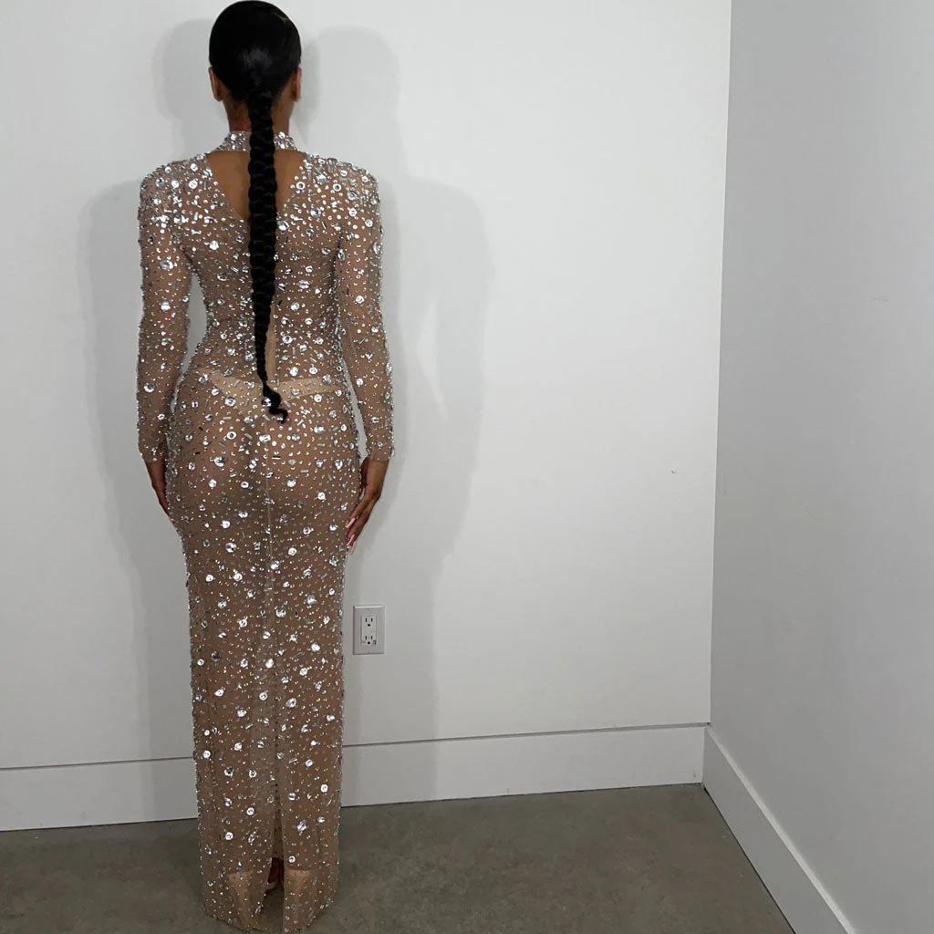 Opulent High Neck Shoulder Pad Long Sleeve Crystal Mesh Maxi Sheer Evening Dress - Image 2