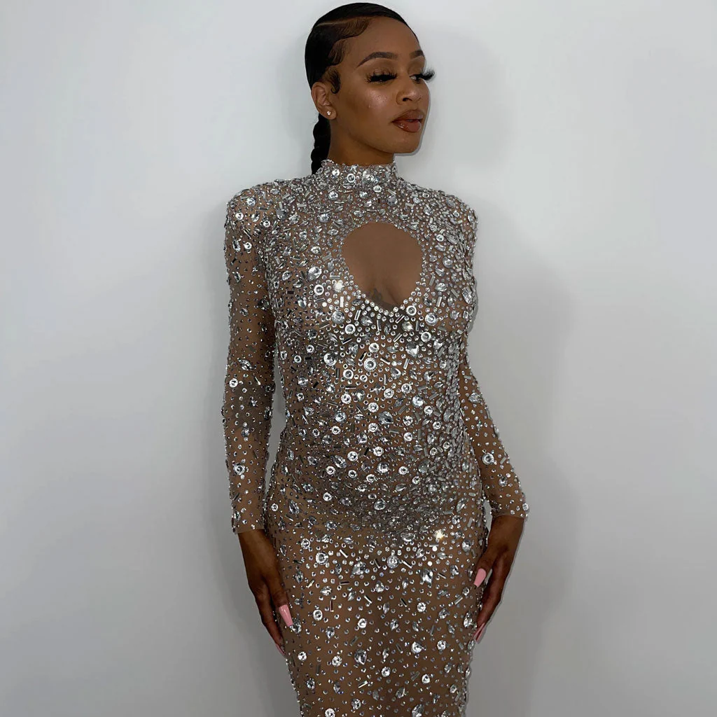 Opulent High Neck Shoulder Pad Long Sleeve Crystal Mesh Maxi Sheer Evening Dress - Image 3