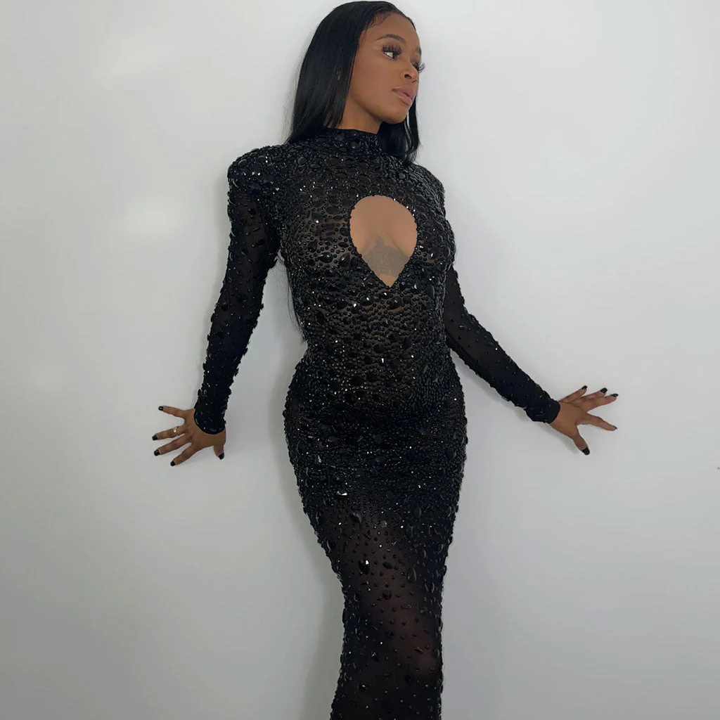 Opulent High Neck Shoulder Pad Long Sleeve Crystal Mesh Maxi Sheer Evening Dress - Image 6