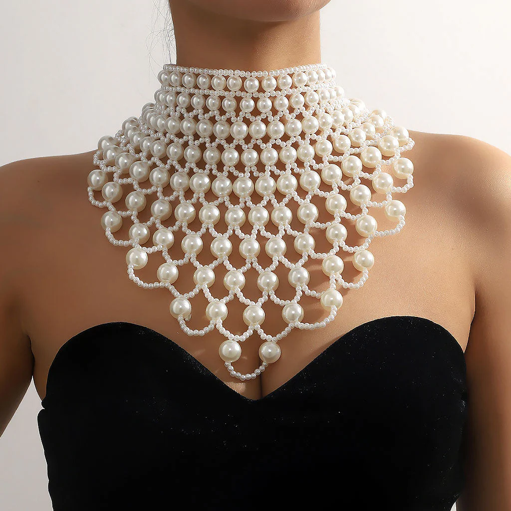 Opulent Hollowed Layered Imitation Baroque Pearl Bib Choker Body Chain - Image 2