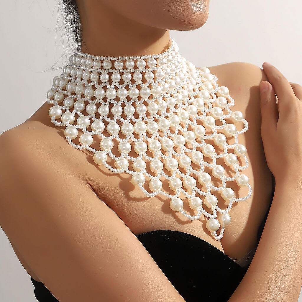 Opulent Hollowed Layered Imitation Baroque Pearl Bib Choker Body Chain - Image 3