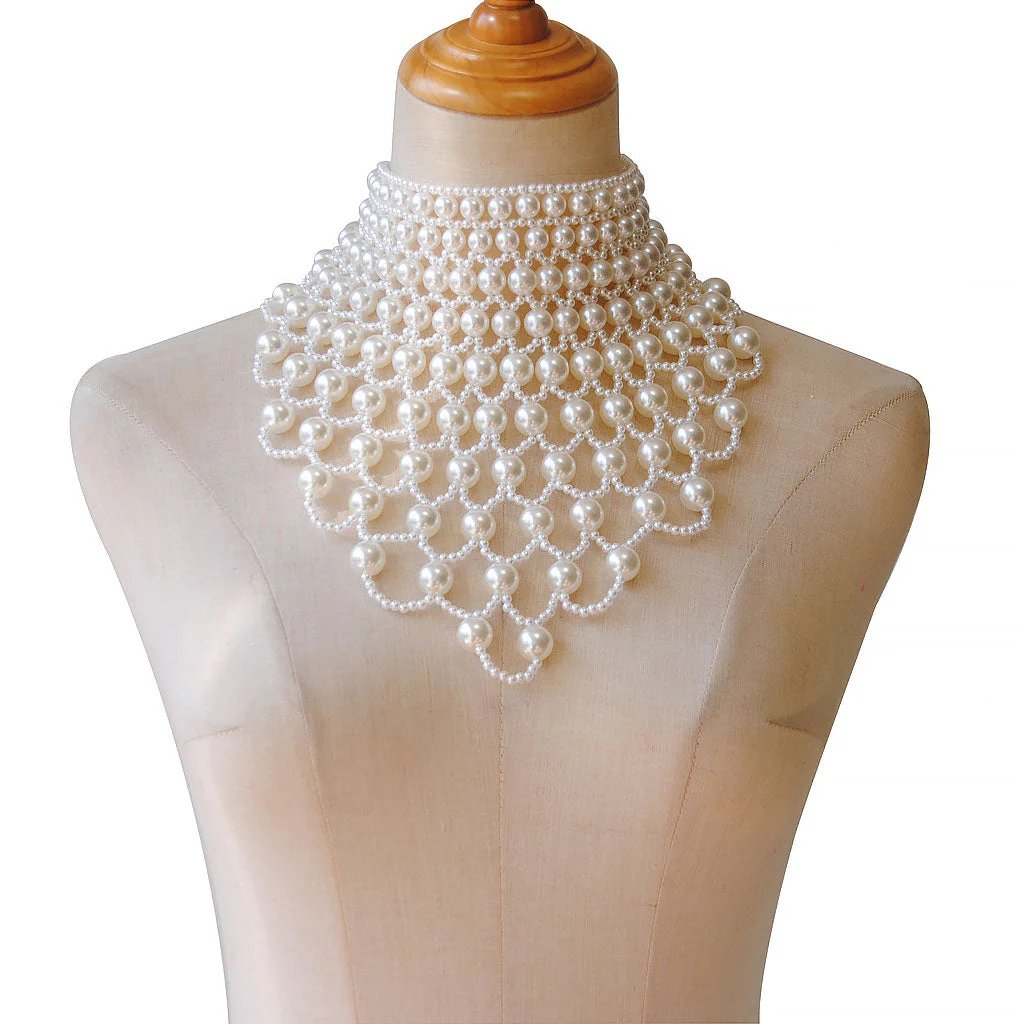 Opulent Hollowed Layered Imitation Baroque Pearl Bib Choker Body Chain - Image 4