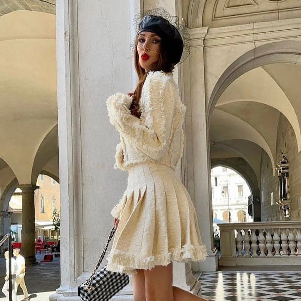 Opulent Lurex Frayed High Waist A Line Checked Mini Pleated Tweed Skirt - Image 5