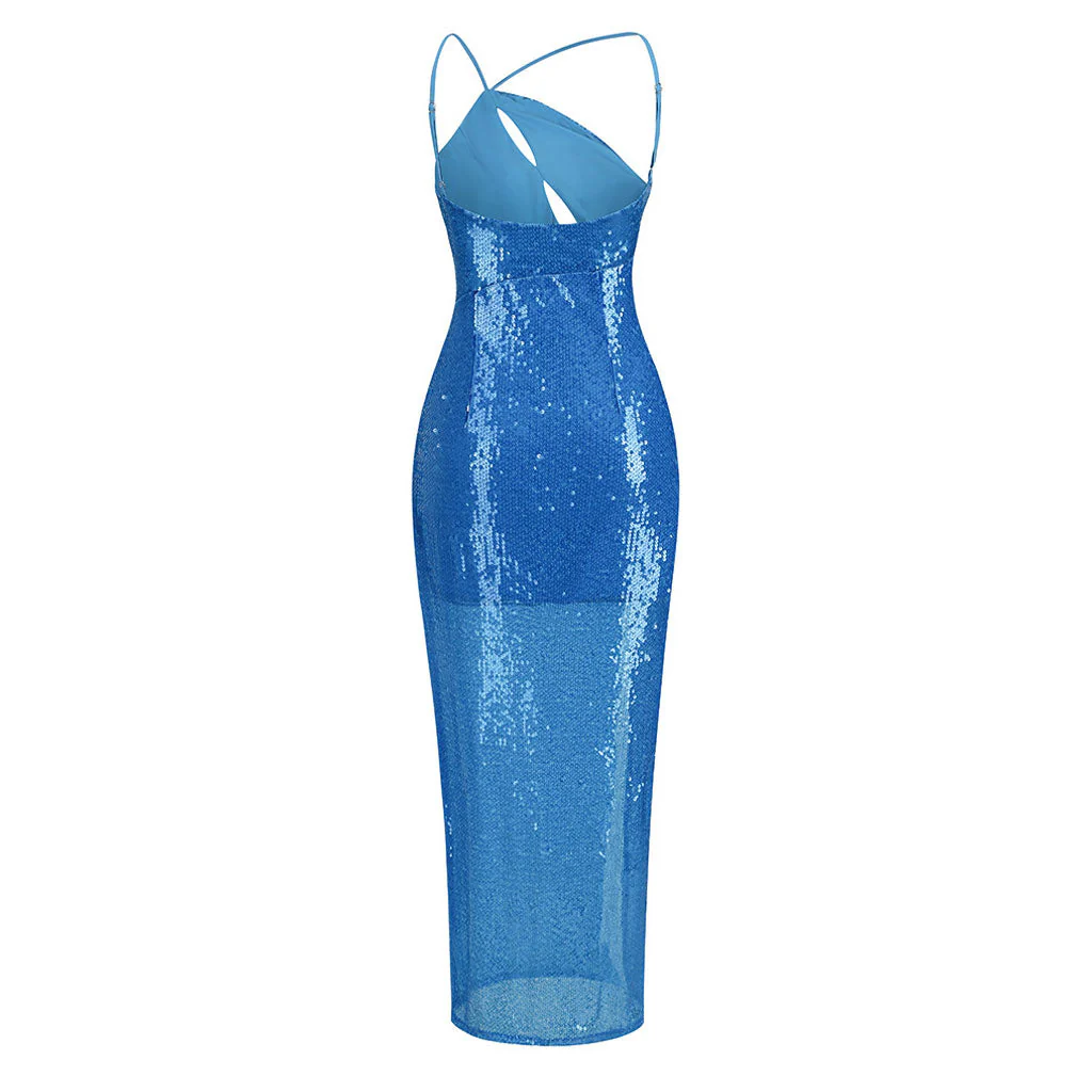 Opulent Mermaid Effect One Shoulder CutOut Thigh Split Maxi Sequin Evening Dress - Image 2