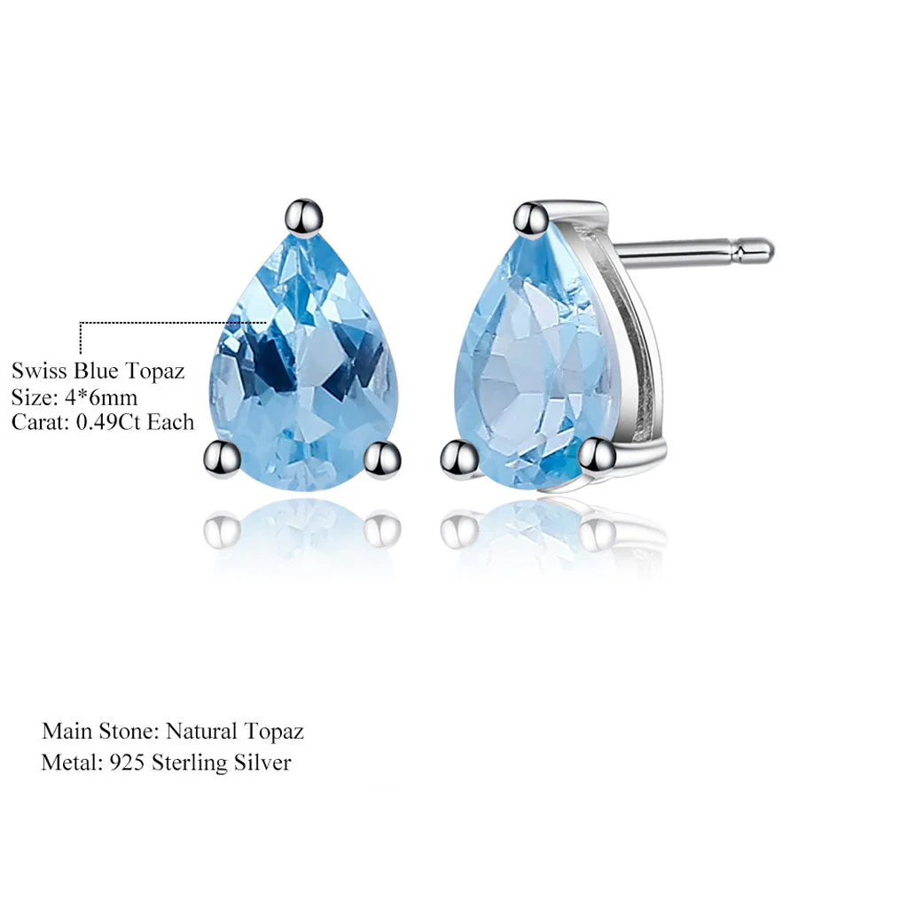 Opulent Pear Shaped Halo Swiss Blue Topaz Stud Earrings - Image 3