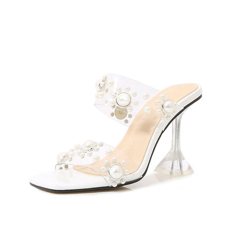 Opulent Pearl Embellished Clear Strap Square Toe PVC Mules - White - Image 2