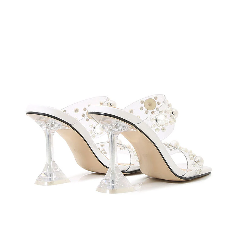 Opulent Pearl Embellished Clear Strap Square Toe PVC Mules - White - Image 3