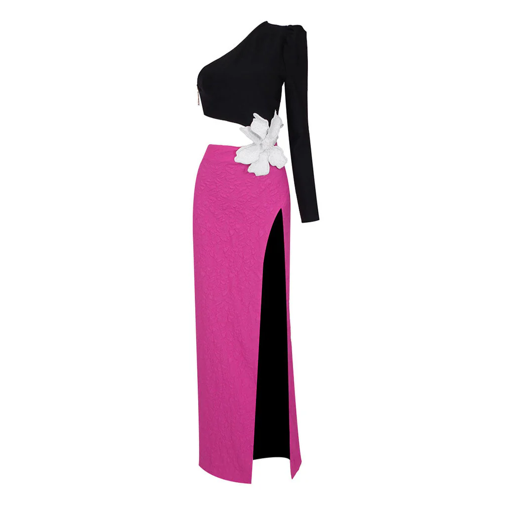Opulent Pearl FLower One Shoulder Cut Out Waist Thigh Split Maxi Evening Dress - Image 3