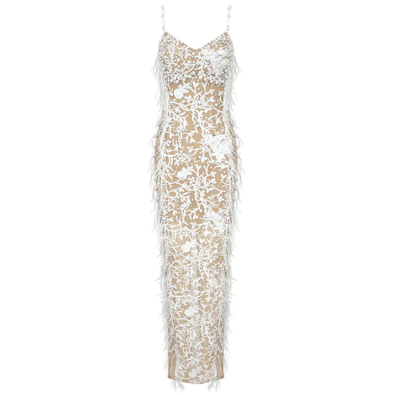 Opulent Pearl Sequined Floral Sweetheart Neck Back Slit Feather Trim Maxi Dress - Image 4