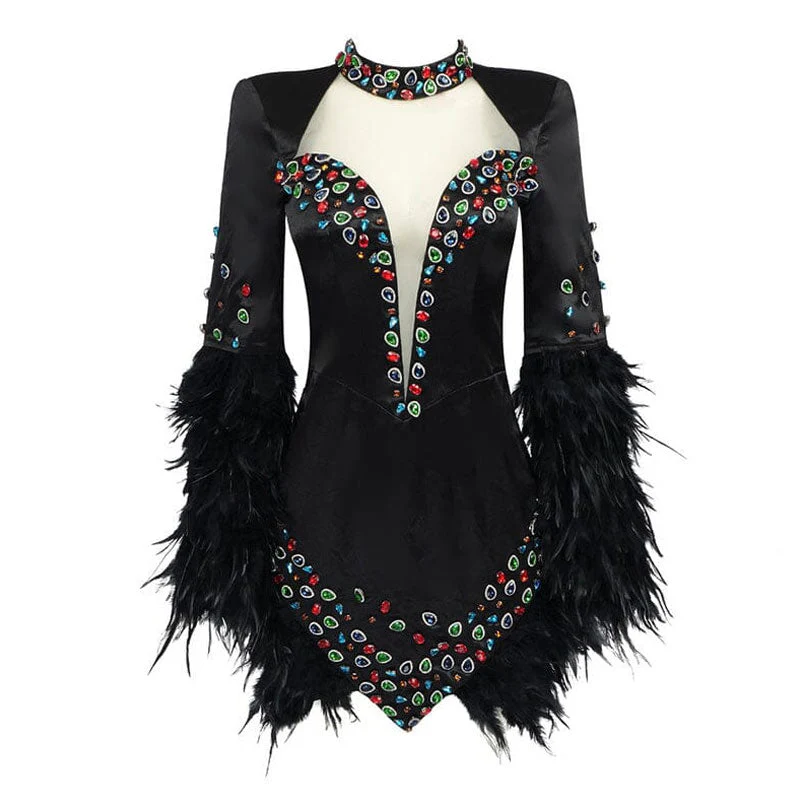 Opulent Rhinestone High Neck Padded Sleeve Sheer Mesh Satin Feather Trim Mini Dress - Image 5