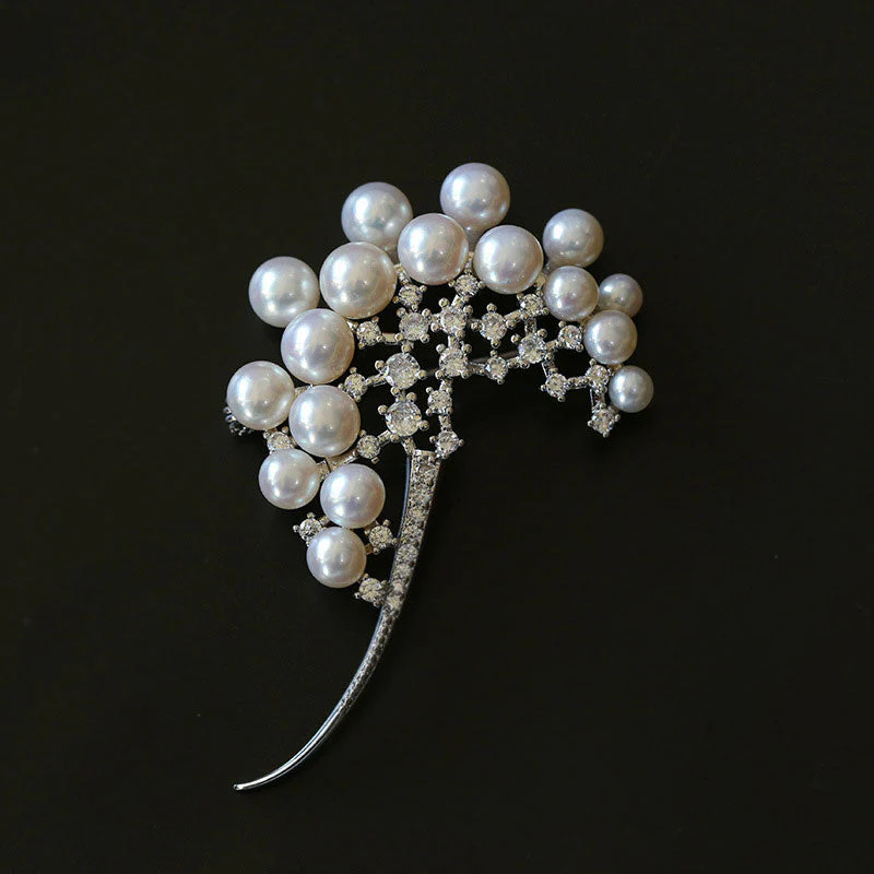Opulent Rhodium Plated Cubic Zirconia Freshwater Pearl Bouquet Brooch - Image 3